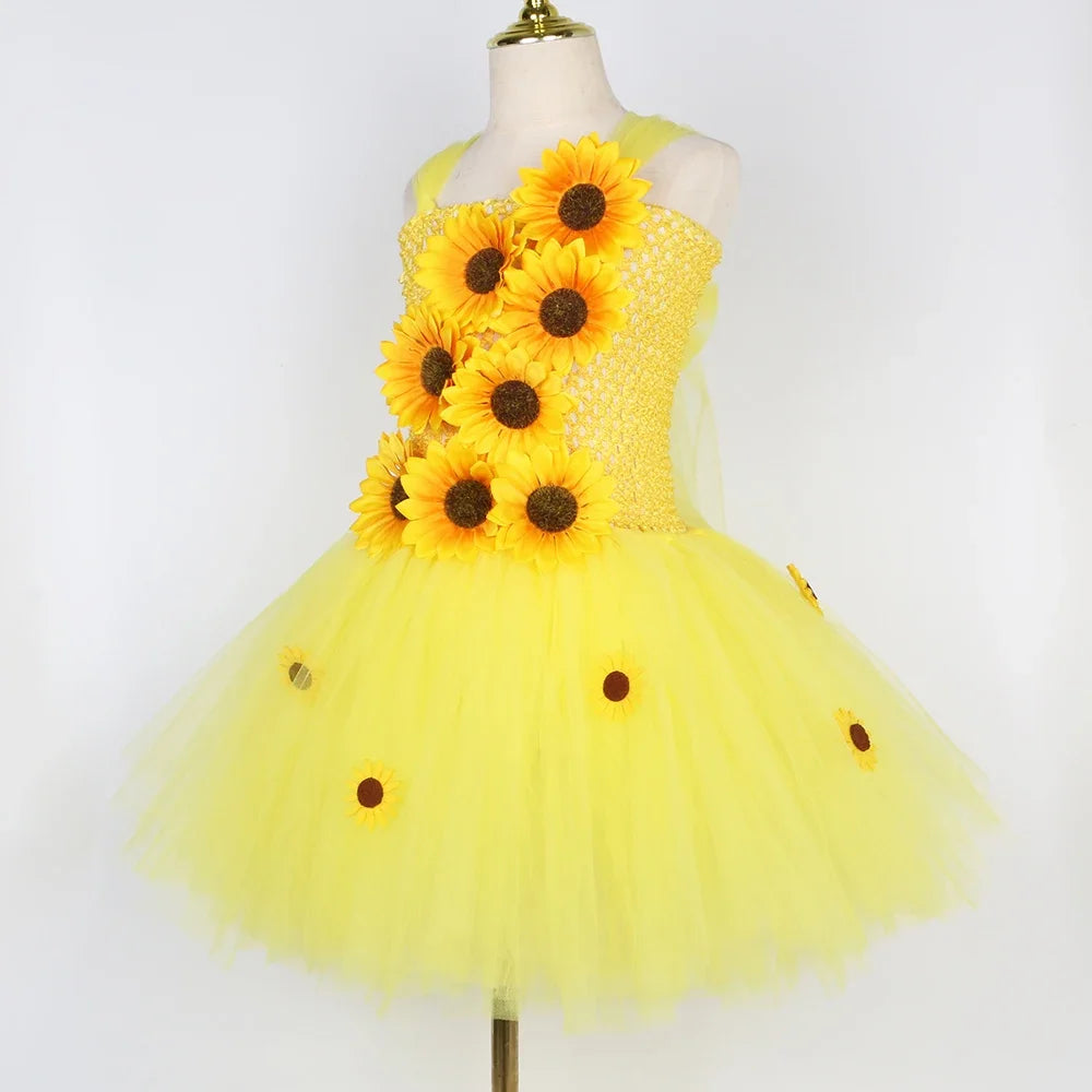 Fall Autumn Sunflower Fairy Princess Dress for Girls Thanksgiving Holiday Party Costume Set Yellow Kids Flower Girl Tutu Dresses