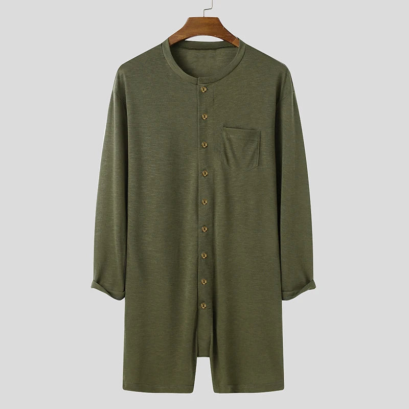 New Men Sexy Pajamas Jumpsuit Solid Color Tight O Neck Long Sleeve T Shirt and Shorts One-piece Button-down Breathable Home Wear