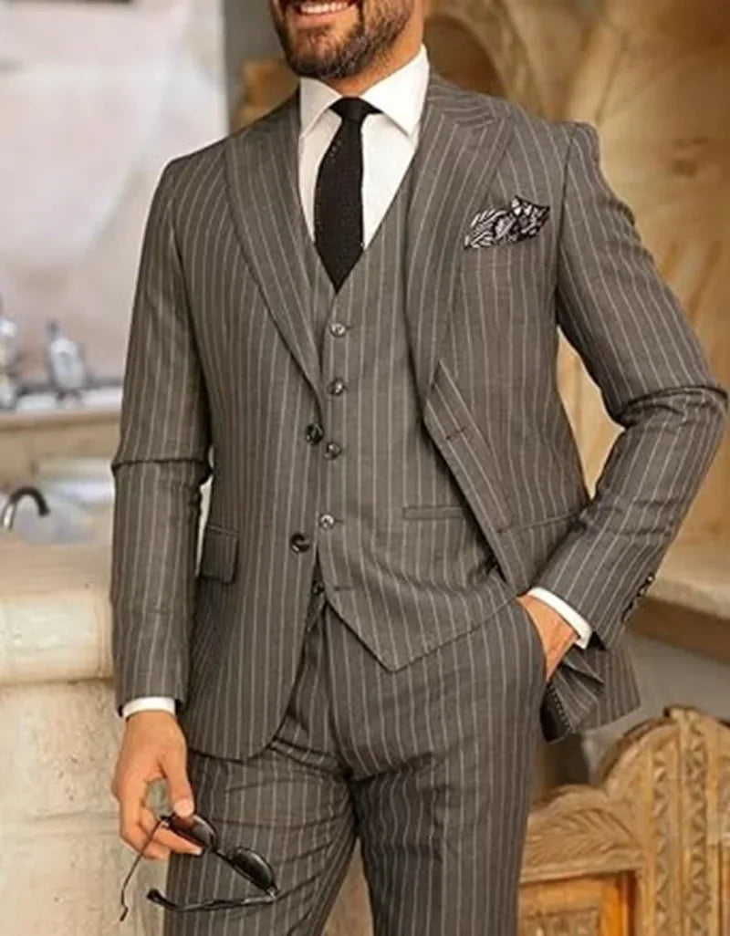 3 Piece Set Men's Fine Stripe Elegant Suit  Blazer Lapel Vest & Pants High Quality Custom Suit for Men Business Wedding