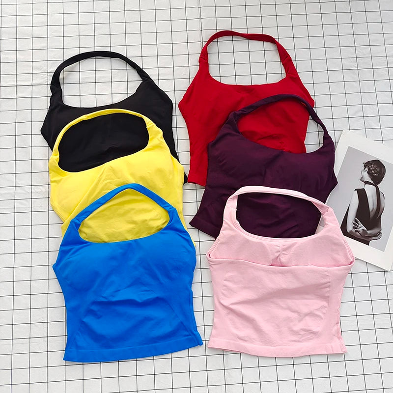 Women's Square Neck Deep Open Back Halter Bralette - Thick Straps, Slim-Fit, Removable Pads, Outerwear-Friendly Casual Top