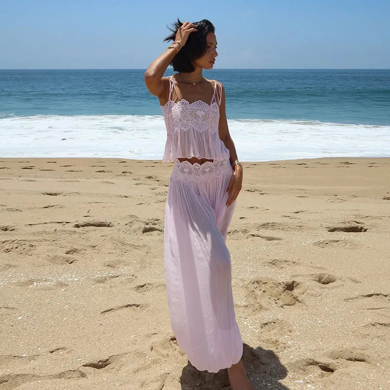Women Pant Set Sheer Layers Spaghetti Strap Backless Lace Top Straps Solid Loose Straight Elastic Hem Fashion Beach Chic Suits