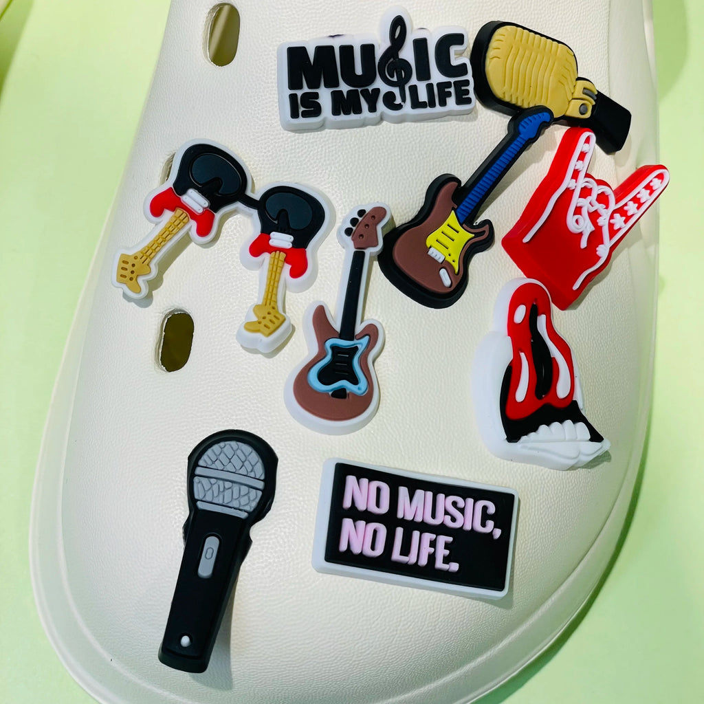 1-17PCS PVC Shoe Charms Fit Wristbands Music Life Rock Star Hole Slipper Decoration Shoe Buckle Button Accessories Adult Gift