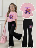 Cool Black and Pink Outfit for Girls Aged 4-12: Short-Sleeved T-Shirt and Flared Pants! Pink T-Shirt with a Vibrant Girl Group Illustration—3 Stylish Girls on a Starry Background, Purple "K-Pop" Glitter Print, Extremely Fas