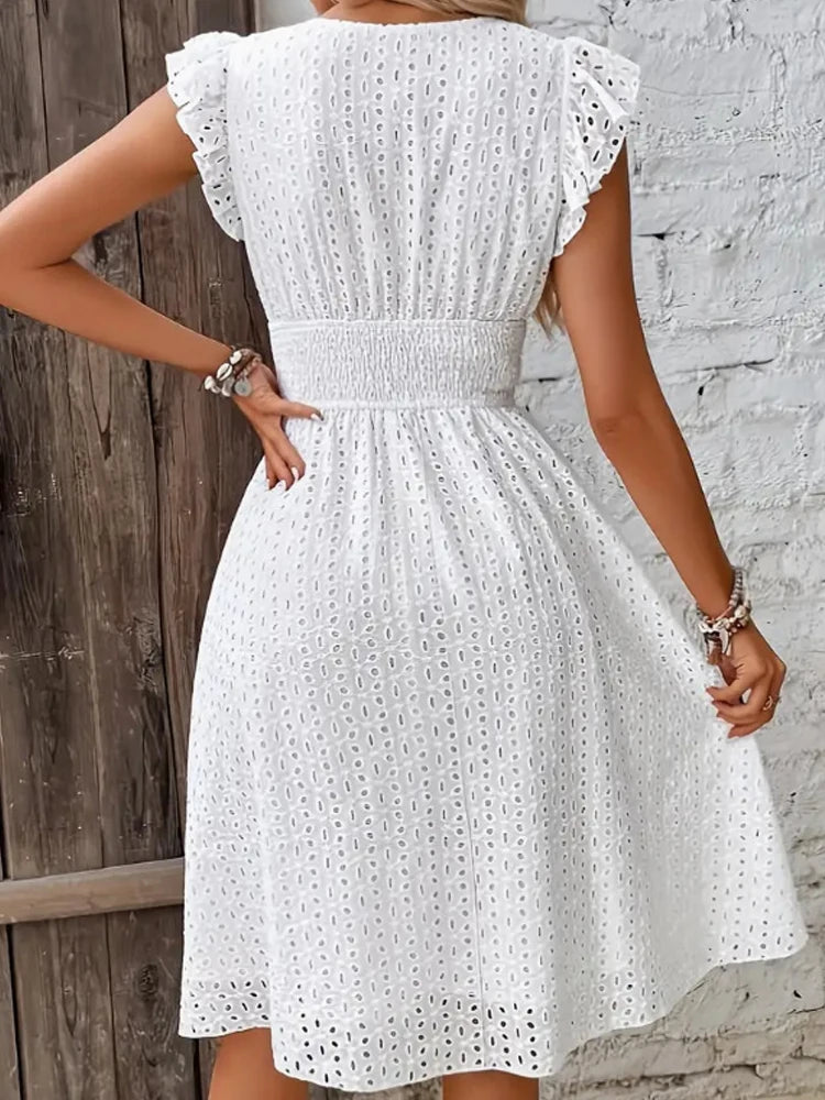 Elegant V-neck Ruffle Sleeve Dress for Summer 2025 Fashion Plus Size Hollow Out Dress Casual Solid Waist Hugging Dress 118#