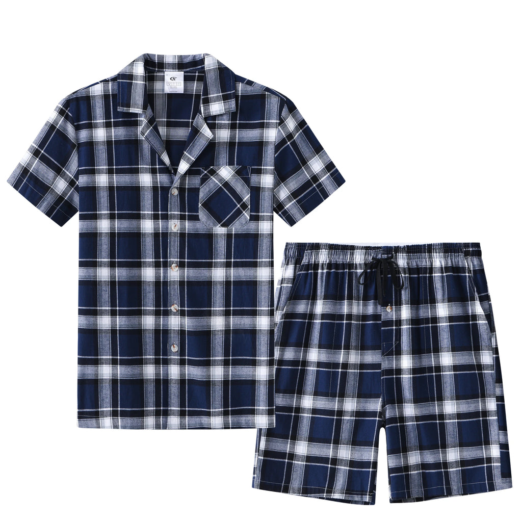 Men Summer Short Pajama Set, 2Pcs 100% Cotton Breathable Crop Pajama Short Sets Bottoms & Tops Cozy Suit for Home Outdoor