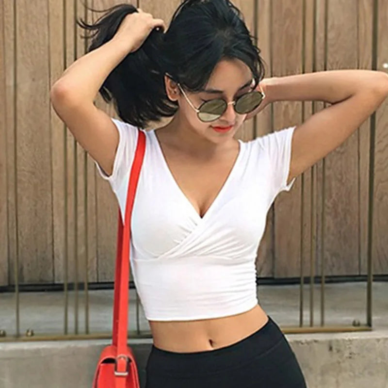 Summer Sexy Women Slim Crop Top Tees T Shirt Low Cut Short Sleeve Solid Female Teenage Girls Femmes T-Shirt Cross Wrap