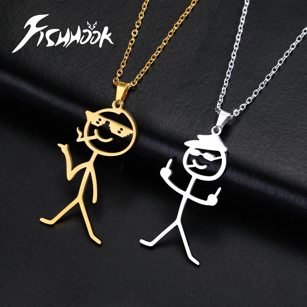 Funny Necklace for Men Woman Doodle Stickman Middle Finger Pendant Gold Color Stainless Steel Jewelry Rock Punk Chain Accessorie