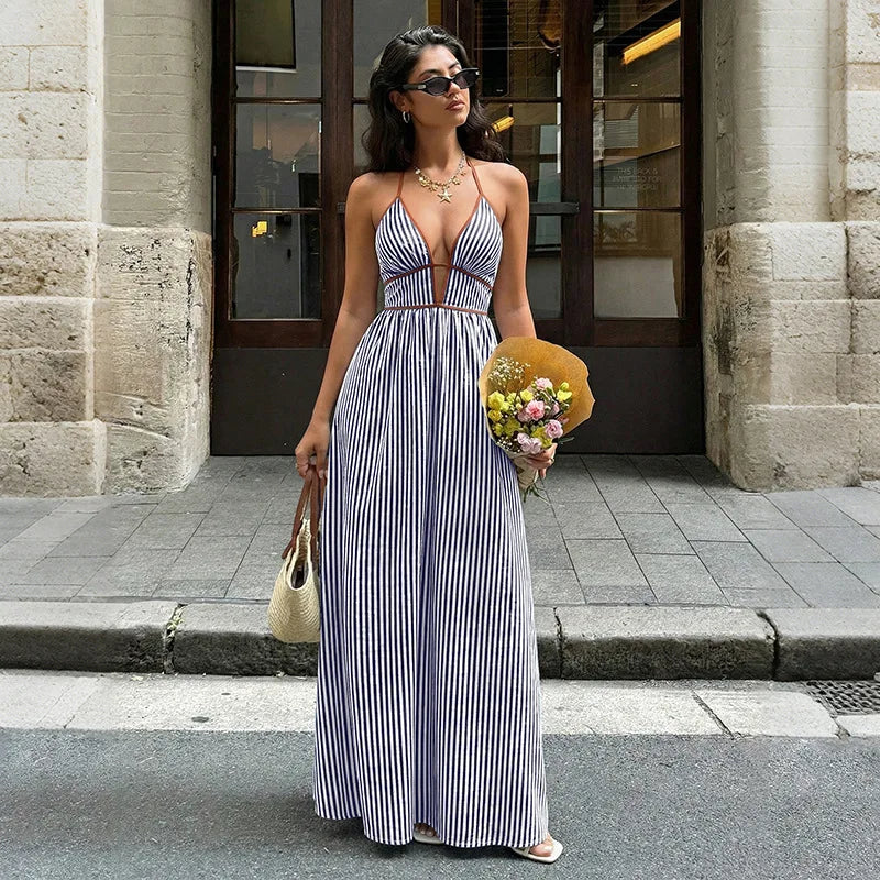 Summer Blue Striped Backless Beach Dress Women Sexy Halter V-neck Sleeveless Maxi Dress Female Holiday Party Dress 2026 New