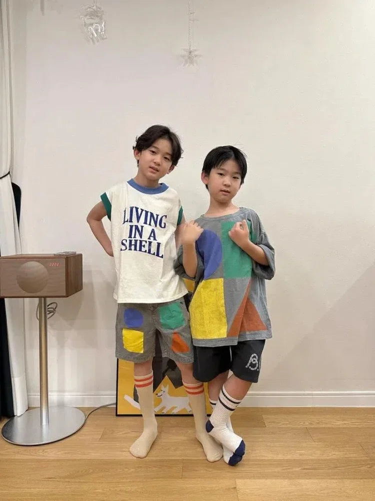 Korea Style Kids T-shirt Summer Casual Cartoon Letter Print Short Sleeve Boys & Girls Fun Top Children's Vest Clothing 2026