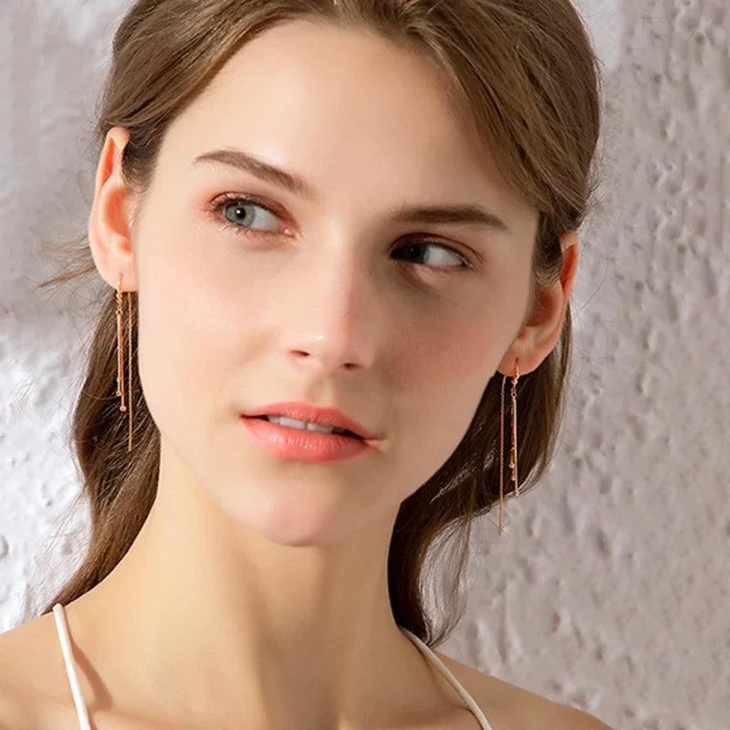 585 purple gold long ear line 14k rose gold geometric round bead fashion soft tassel chain earrings for women luxury jewelry