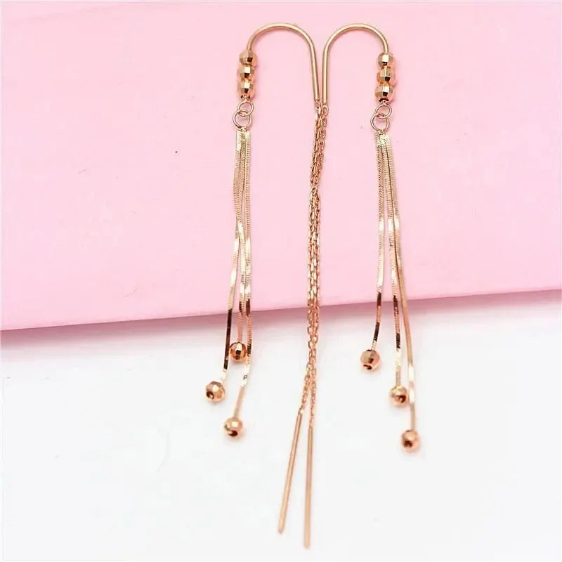 585 purple gold long ear line 14k rose gold geometric round bead fashion soft tassel chain earrings for women luxury jewelry