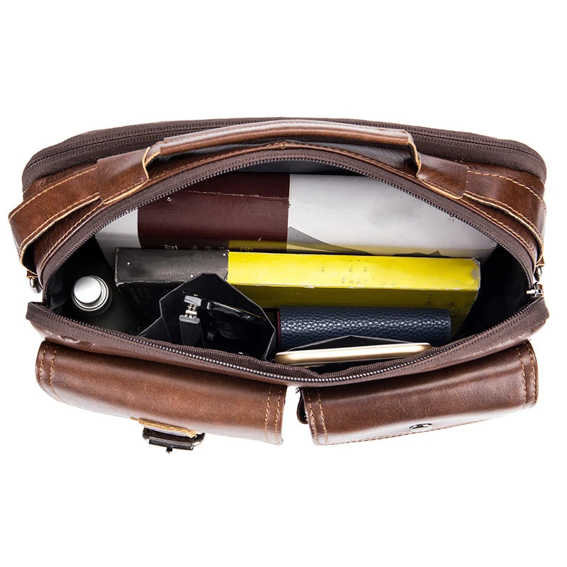 Men's Genuine Leather Shoulder Bag, Retro Top Layer Cowhide Casual Crossbody Bag, Men's Square Bag