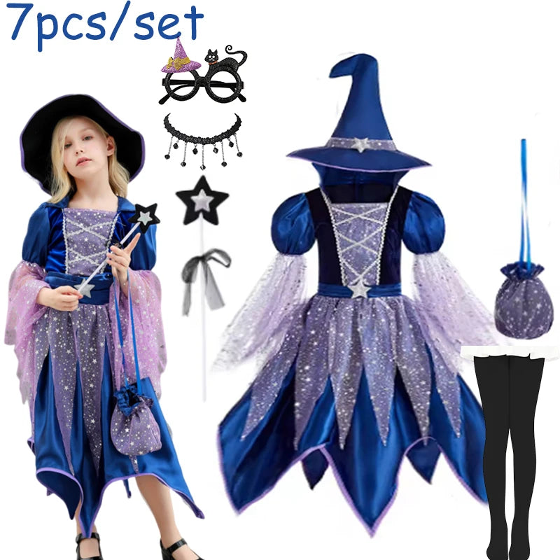 Halloween Party Costumes Witch Dress for Girls Kids Cosplay Carnival Witch Costume Pumpkin Dress Up With Bag Hat Wand Clothing