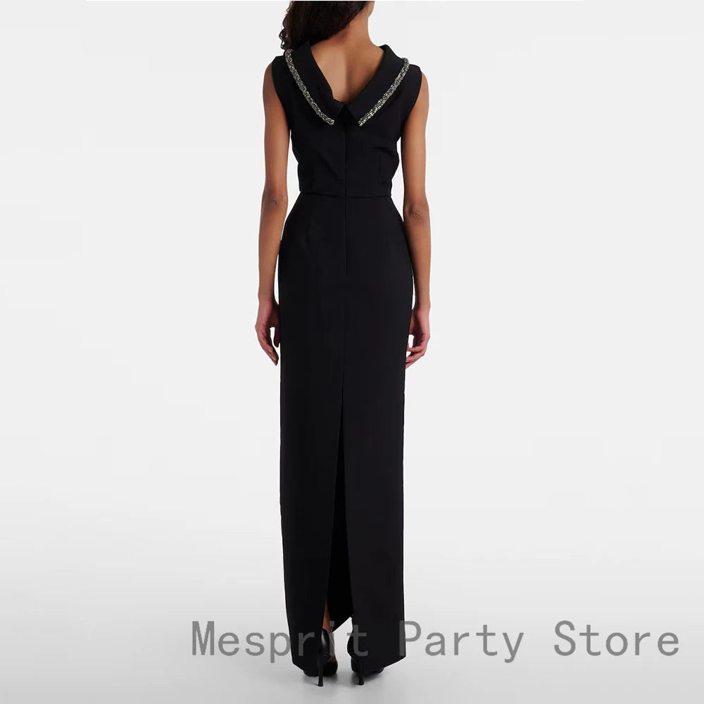 Black Evening Gown For Women Sheath Saudi Dress Floor Length Formal Party Dress Sleeveless Beading Prom Dress