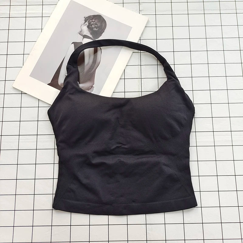 Women's Square Neck Deep Open Back Halter Bralette - Thick Straps, Slim-Fit, Removable Pads, Outerwear-Friendly Casual Top