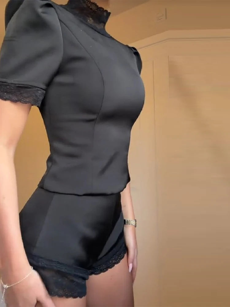 New Satin Lace Edge Top Short Sets For Women High Neck Padded Shoulder Blouse Low Waist Shorts 2026 Lady Spring Summer Outfits
