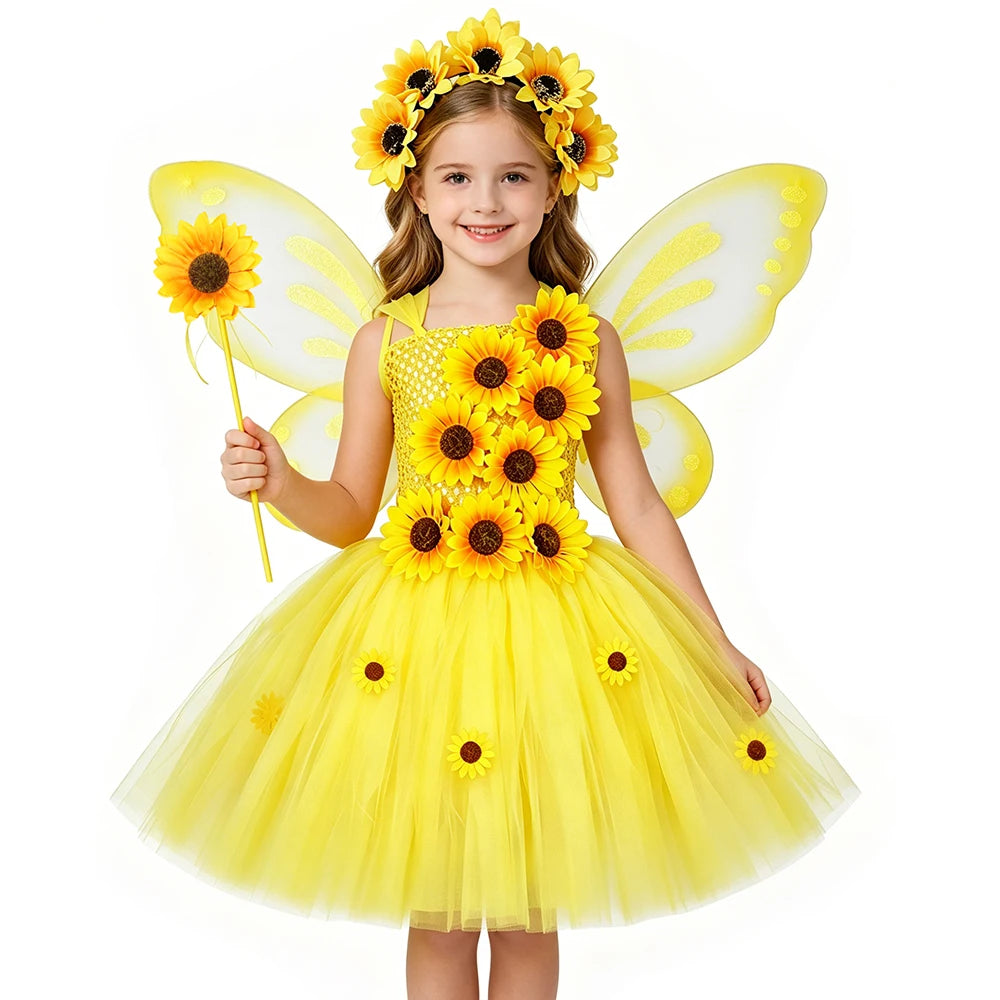 Fall Autumn Sunflower Fairy Princess Dress for Girls Thanksgiving Holiday Party Costume Set Yellow Kids Flower Girl Tutu Dresses