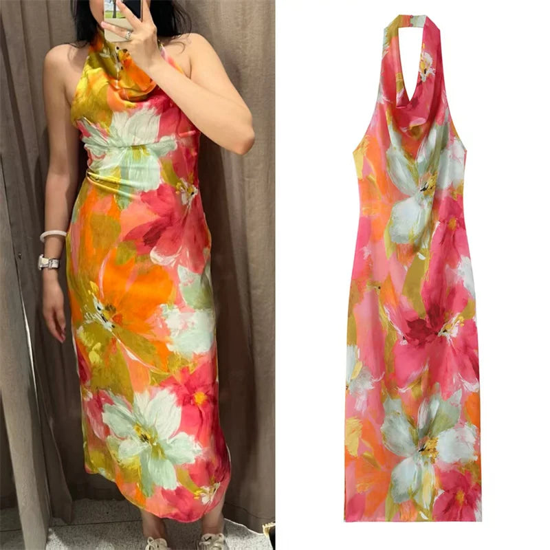 Women's Dress 2026 Summer New Style Printed Halter Neck Satin Texture Long Dress Beach Vacation Elegant and Graceful