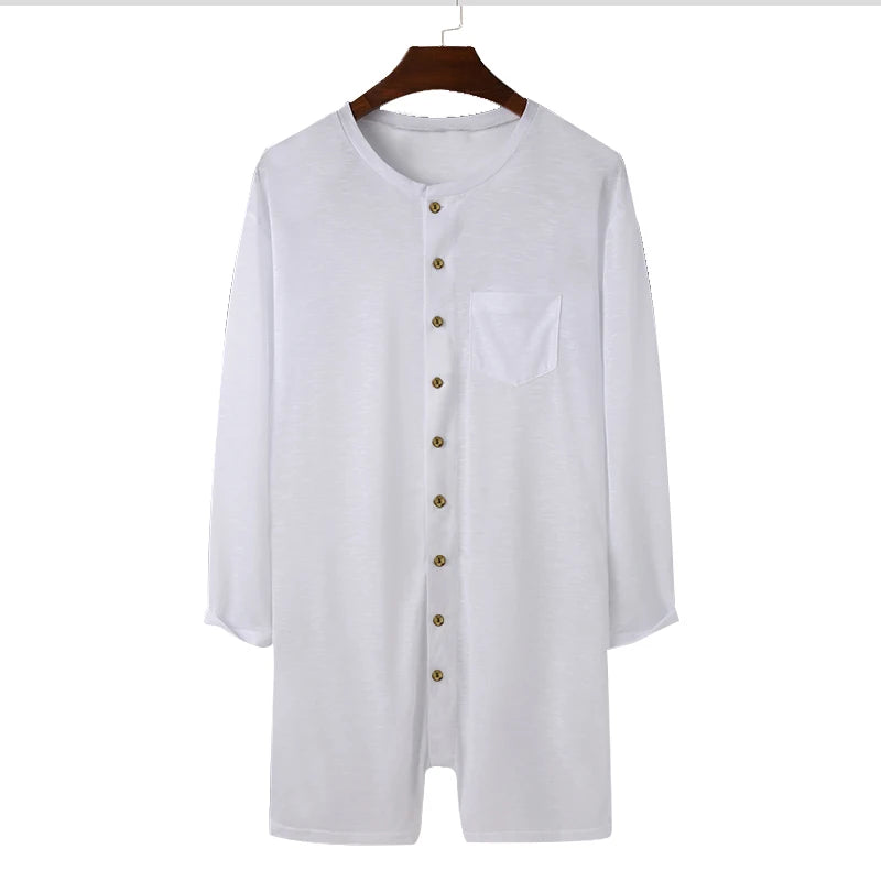 New Men Sexy Pajamas Jumpsuit Solid Color Tight O Neck Long Sleeve T Shirt and Shorts One-piece Button-down Breathable Home Wear