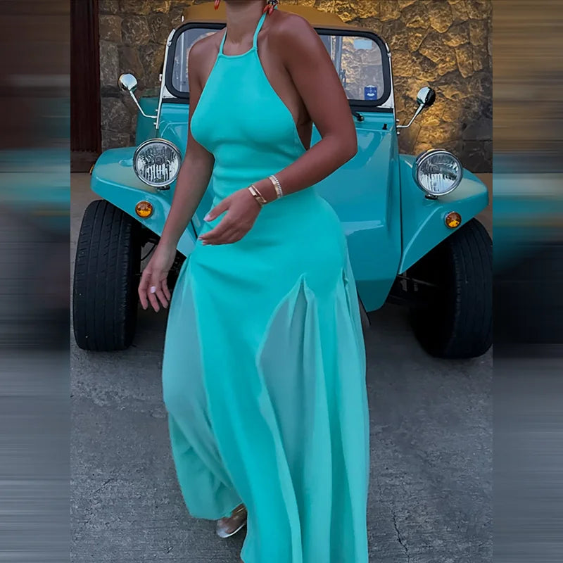 Women's Halter Neck Open Back Maxi Dress Ribbed Knit Top Flowy Chiffon Hem Bodycon Female Summer Evening Vacation Party Dress