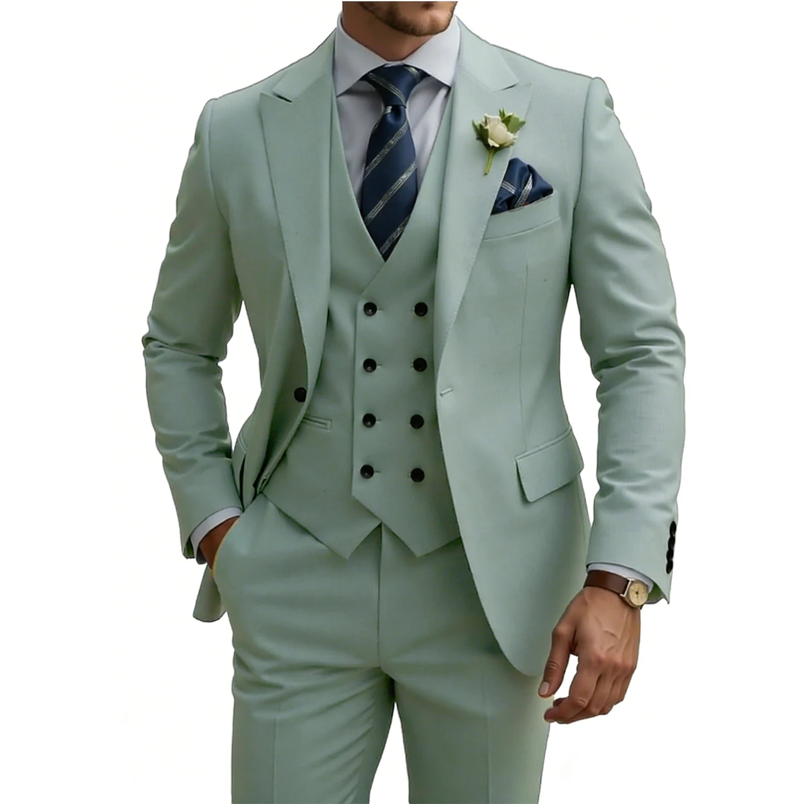 Mens 3 Piece Slim Fit For Men Double Breasted Suit Wedding Prom Suits Formal Business Dinner Tuxedo