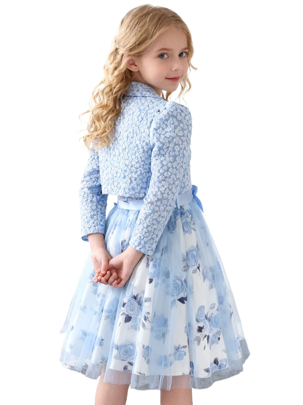 Elegant Girl Suits Dress Clothes Set Teenager Girl Princess Dresses Mesh Ball Gown with Jacket Floral Party Wedding Formal Kids