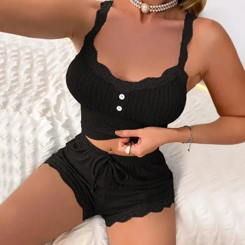 2Pcs Women Pajama Set Pink Lace Patchwork V-Neck Sleepwear Sexy Nighties Suit Cami Top Printed Shorts Soft Pyjamas Loungewear