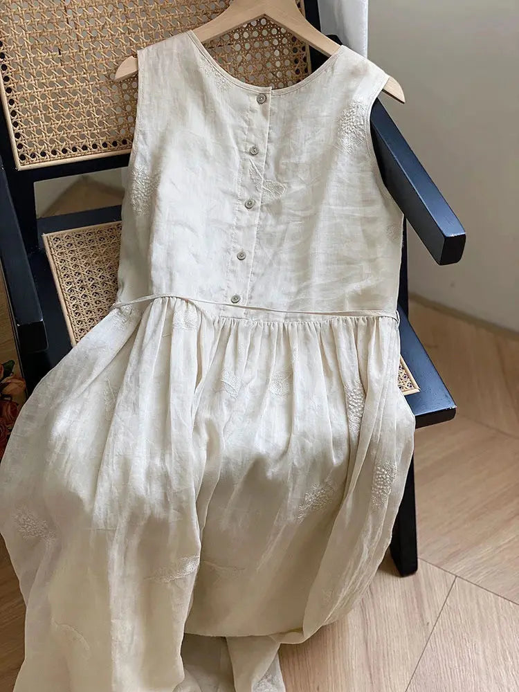 Summer Women Vest Dress Literary Style Cotton and Linen Sleeveless Mid-length A-Line Embroidery Sundress Chic Female Dress