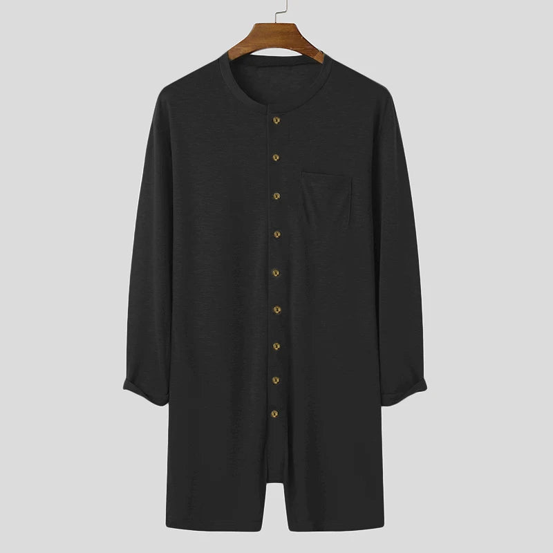 New Men Sexy Pajamas Jumpsuit Solid Color Tight O Neck Long Sleeve T Shirt and Shorts One-piece Button-down Breathable Home Wear