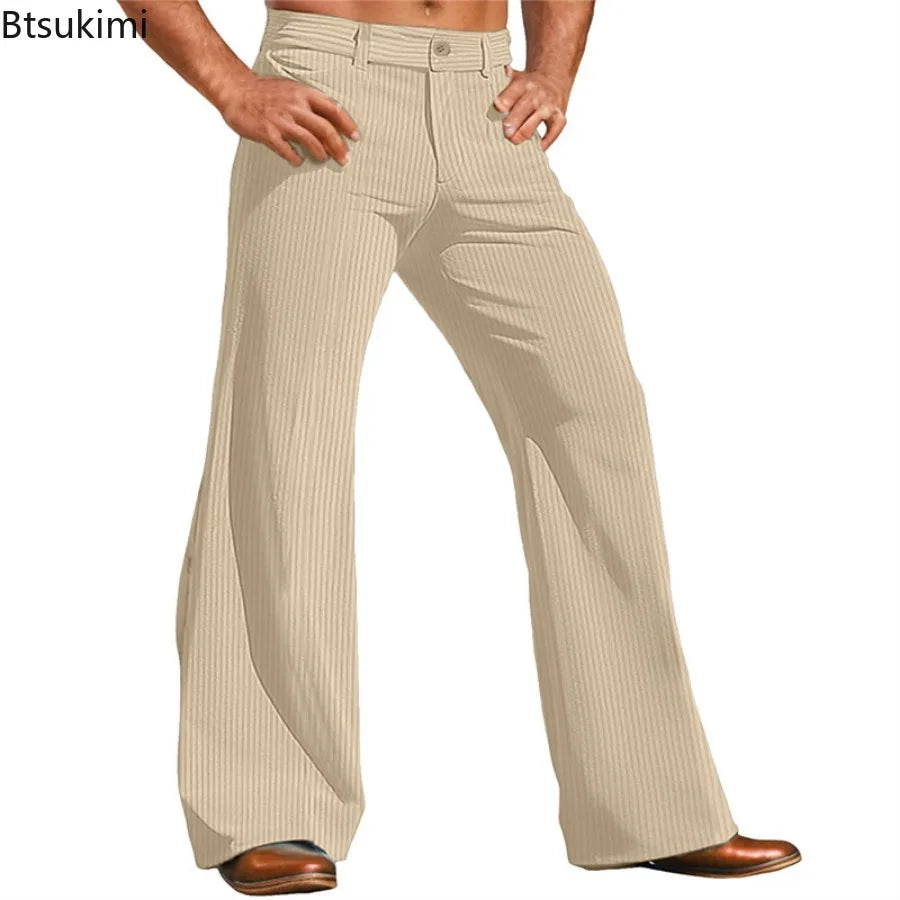 2026 Men's Dress Pants Solid Corduroy Flared Trousers Male Casual Pocket Plain Comfort Business Daily Holiday Modern Pants Men