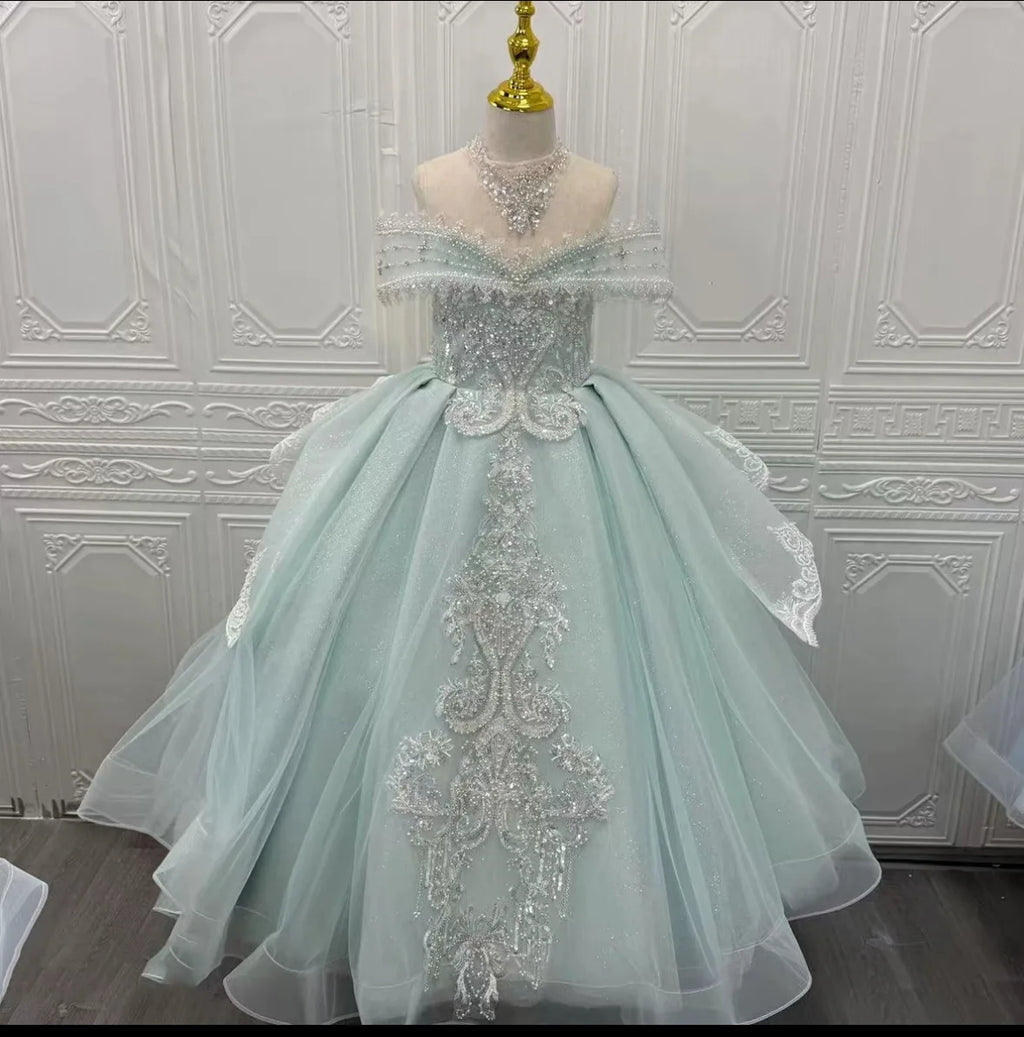 Kids Gown Girls Host Puffy Dress Children Birthday Long Train Tulle Skirt Performance Formal Party Celebration Evening  Dresses