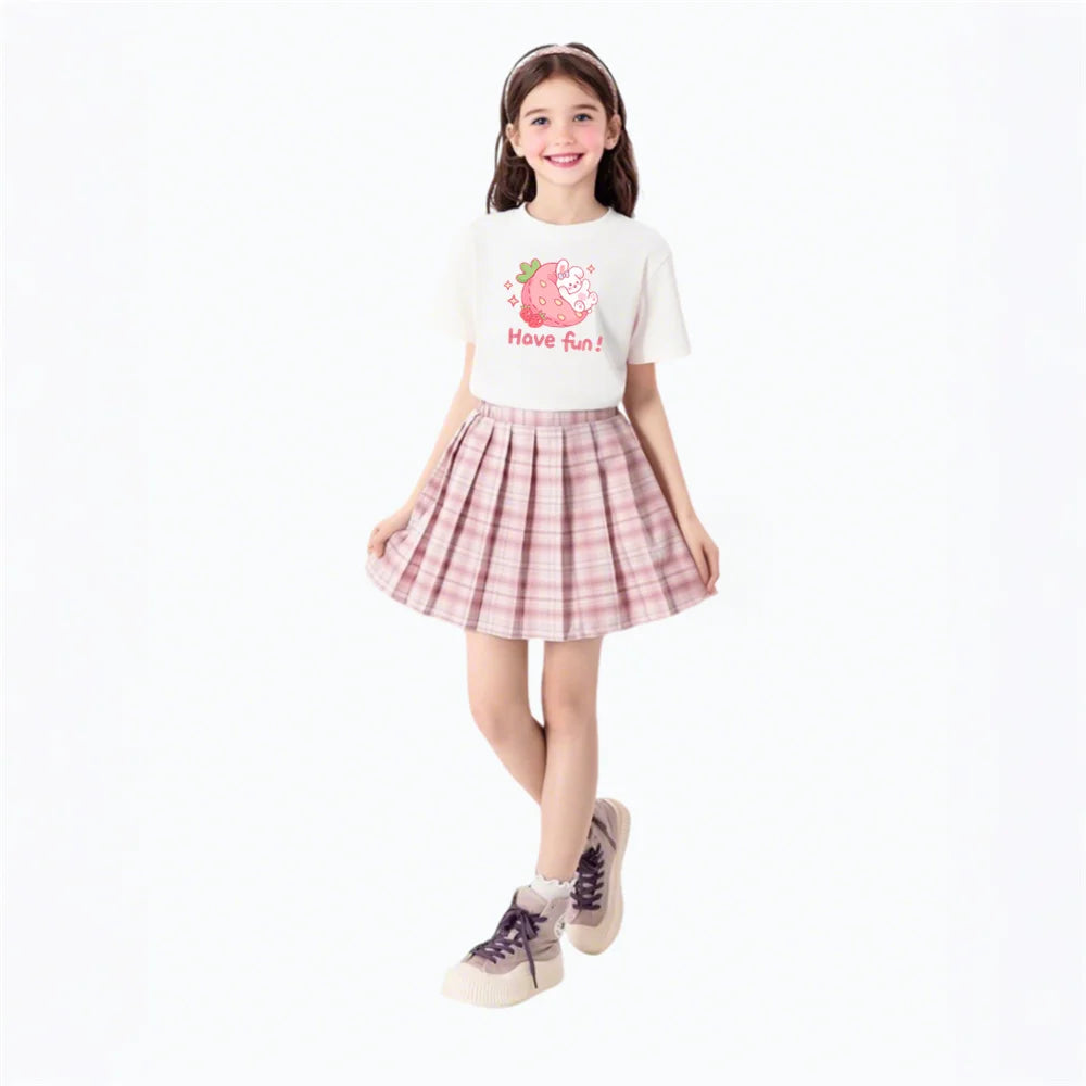 Kids' Summer School Outfit - Kawii Bunny & Strawberry T-Shirt top + Plaid Skirt 2 piece Set Fashion Girls Clothes
