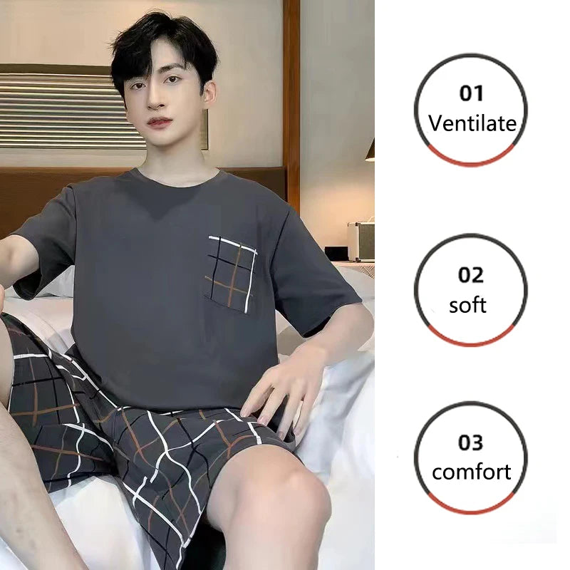 Men Pajamas Short-Sleeved Teenagers Loose Large Size Casual Homewear Grey Plaid Pullover Easy to Clean Cartoon Sleepwear