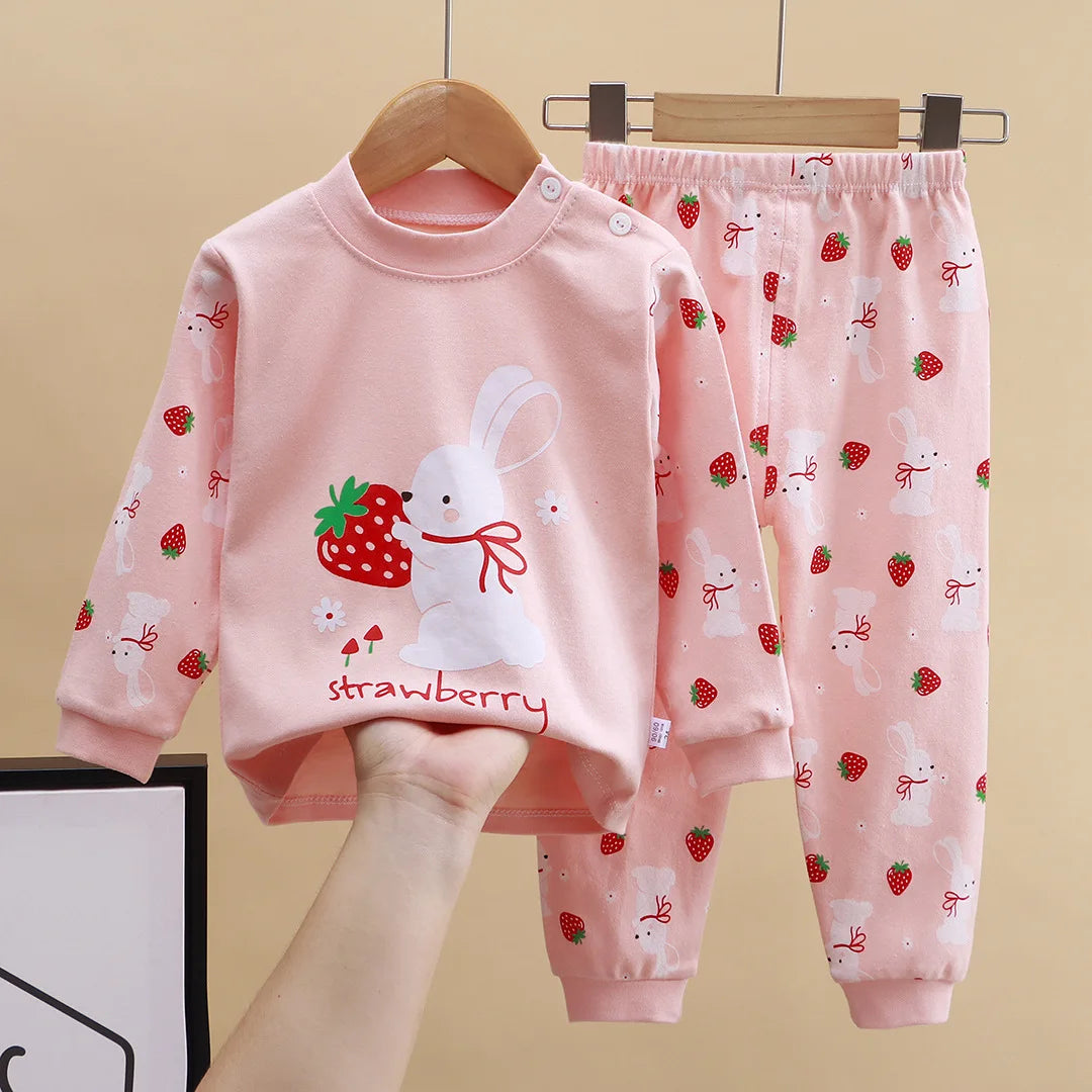 Pink Top Cartoon Design Long Sleeves Long Pants Kid Adorable Girl Pajama Set Children Cozy Night Sleep Unisex Baby Home Clothes