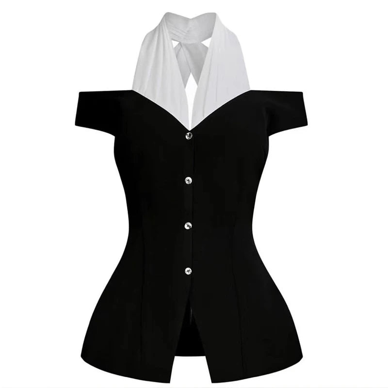 Women's Black White Contrast Off-Shoulder Top Halter Neckline Button Front Ideal for Evening Events Fashion-forward Outings
