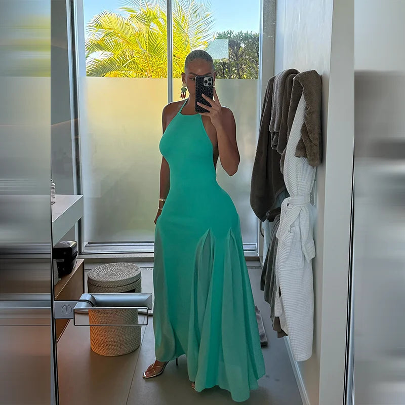Women's Halter Neck Open Back Maxi Dress Ribbed Knit Top Flowy Chiffon Hem Bodycon Female Summer Evening Vacation Party Dress