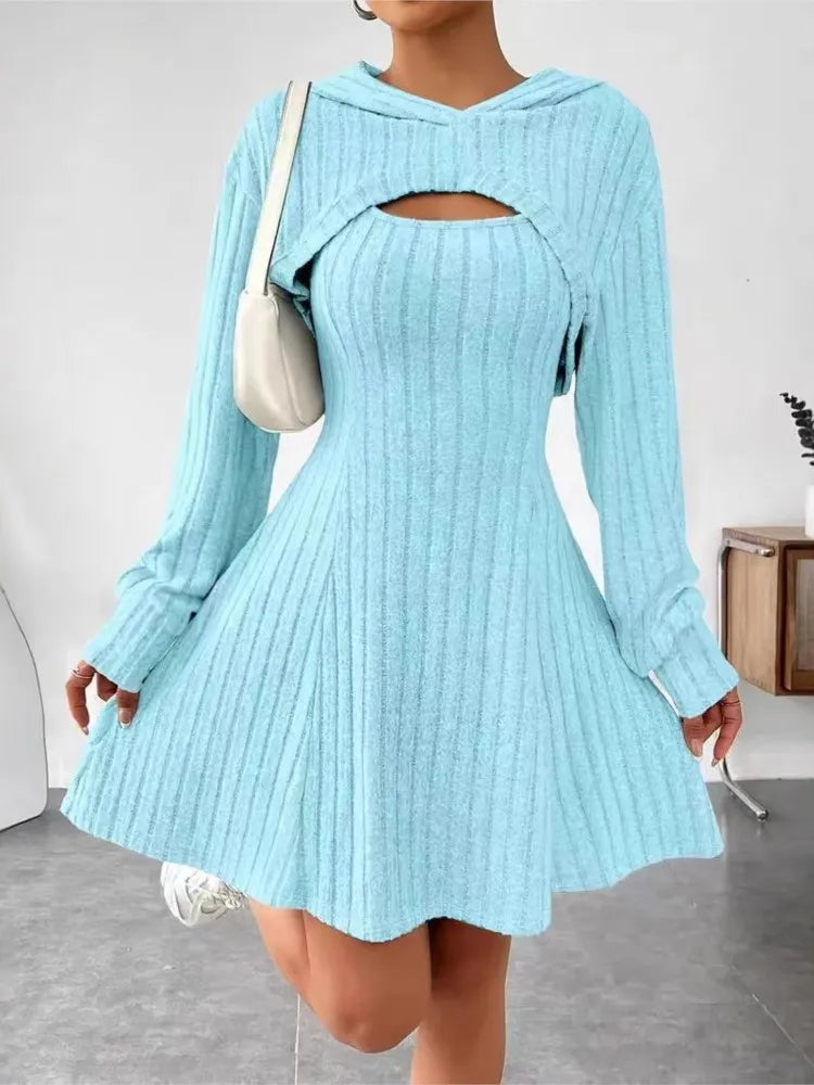 Autumn Winter Fashion Knitted Women's Dress Suit Long-sleeved Hoodie Top + Elegant Female Sleeveless A-line Tank Top 2-piece Set