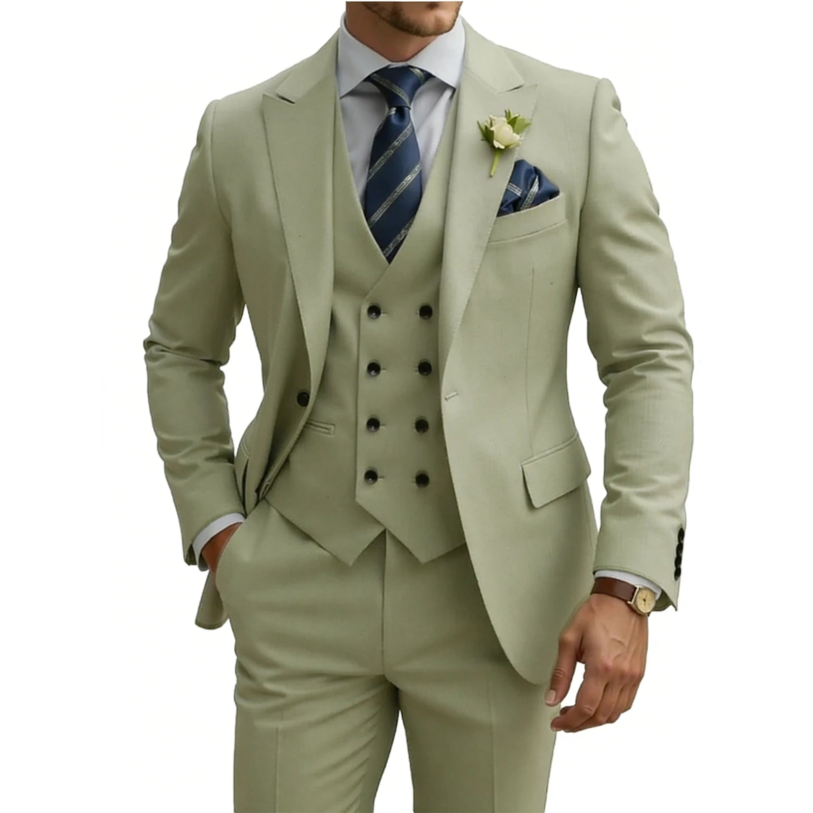 Mens 3 Piece Slim Fit For Men Double Breasted Suit Wedding Prom Suits Formal Business Dinner Tuxedo
