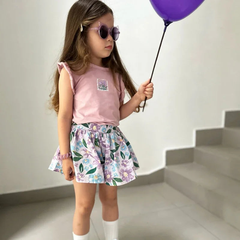 Summer Baby Girls Clothes Cotton Children's Clothing Sets for Kids  Butterfly Sleeve T-Shirts Flowers Print Shorts Two Piece