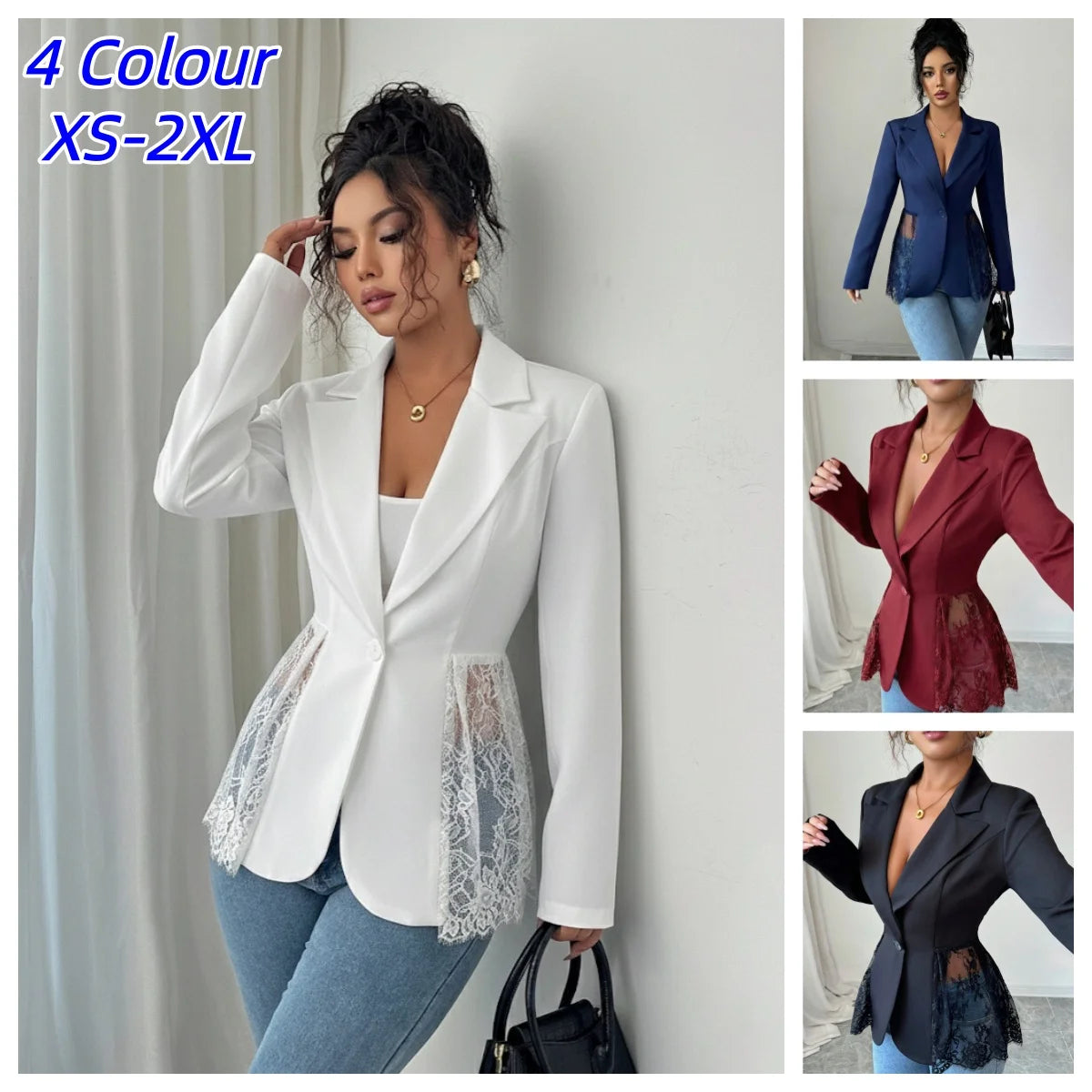 Elegant Lace Patchwork Blazer Women Fashion Notched Collar Long Sleeve One-button Perspective Sexy Versatile Suit Coat