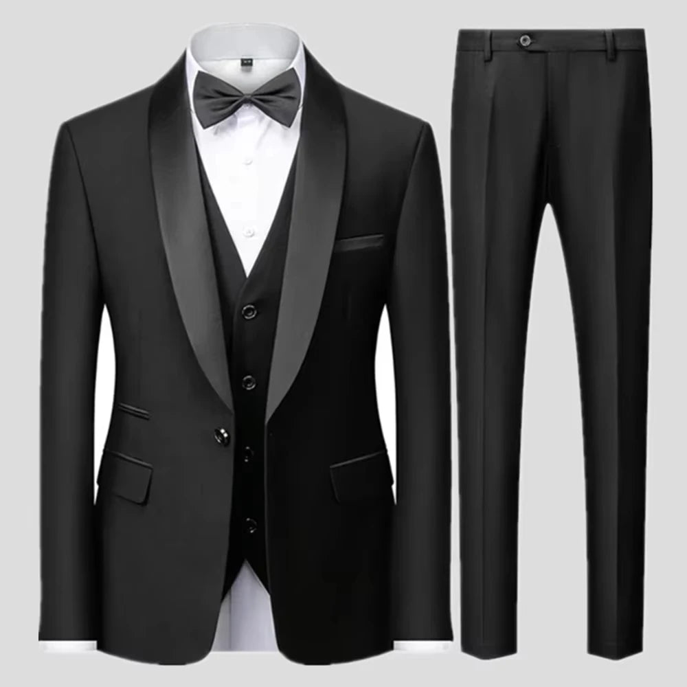 Men's 3 Piece Tuxedo Suit Set One Button Satin Shawl Lapel Slim Fit Blazer Vest Pants For Formal Business Wedding Groom