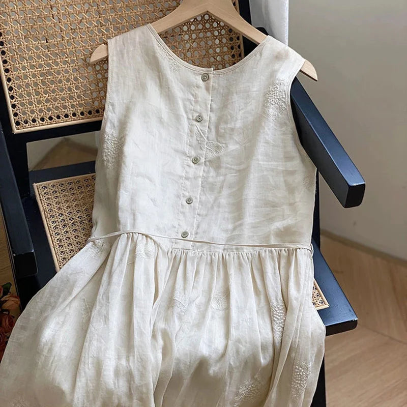 Summer Women Vest Dress Literary Style Cotton and Linen Sleeveless Mid-length A-Line Embroidery Sundress Chic Female Dress