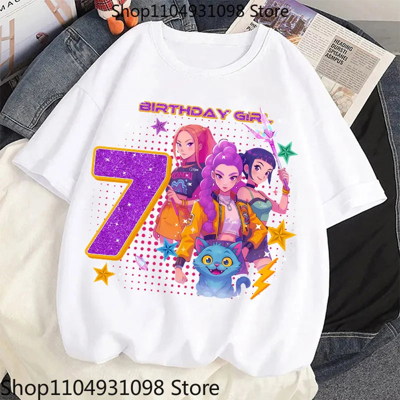 Cute Hunter Theme Girls T-Shirt Kids Music Fan Cartoon Print Birthday Tee Summer Casual Top