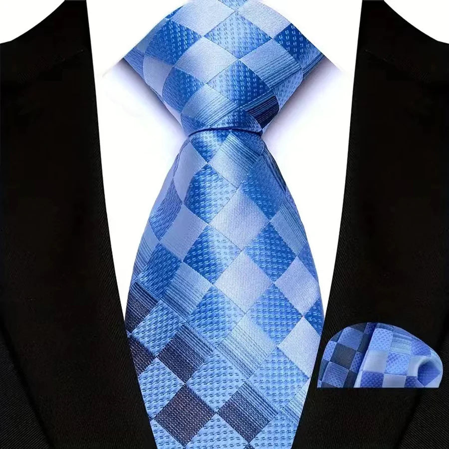 Men's Ties Set Luxury Floral Plaid Solid Light Blue Ties Business Party Formal Necktie Pocket Square Set Suits Accessory Gift