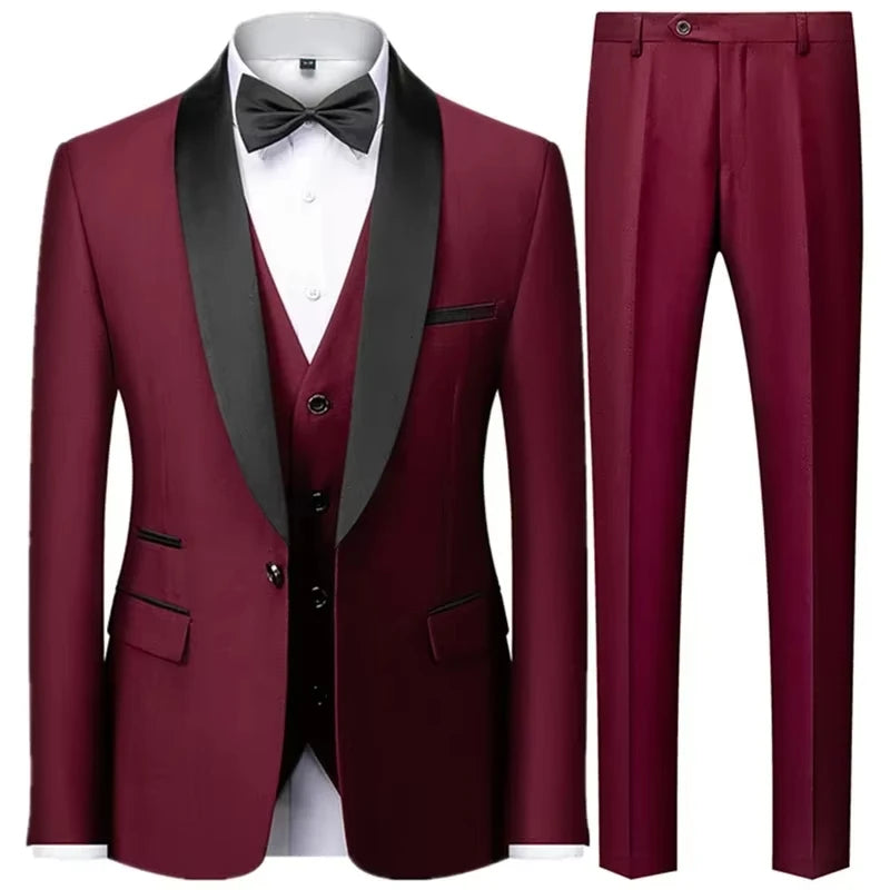 Men's 3 Piece Tuxedo Suit Set One Button Satin Shawl Lapel Slim Fit Blazer Vest Pants For Formal Business Wedding Groom