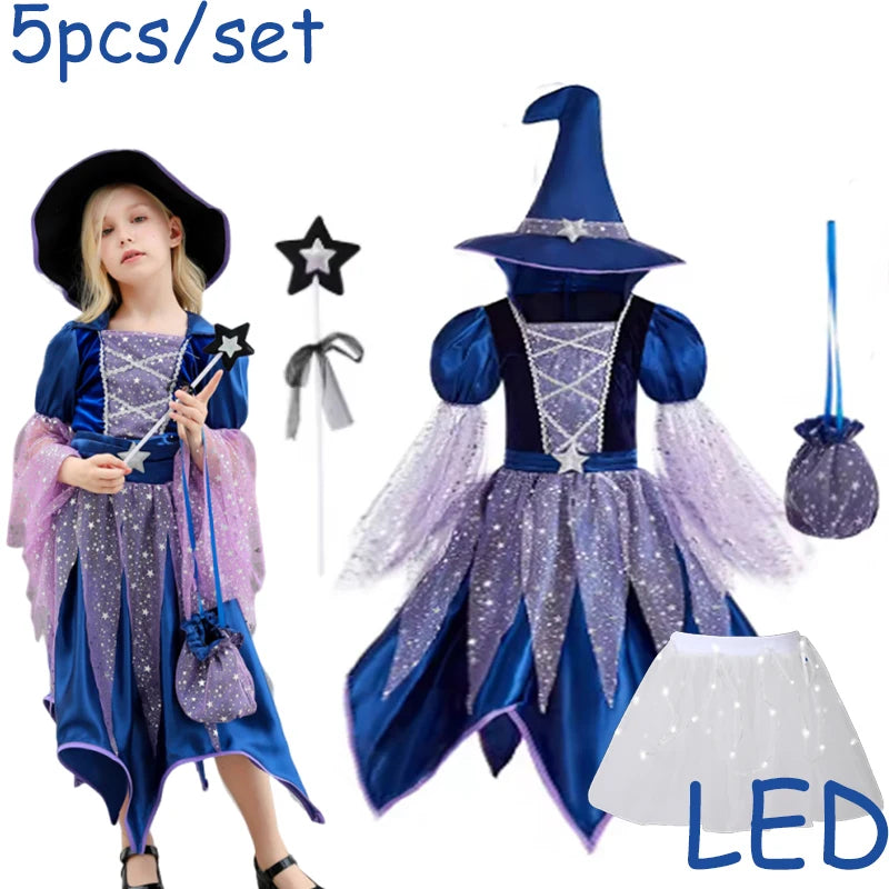 Halloween Party Costumes Witch Dress for Girls Kids Cosplay Carnival Witch Costume Pumpkin Dress Up With Bag Hat Wand Clothing