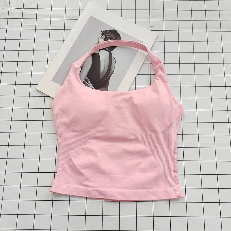 Women's Square Neck Deep Open Back Halter Bralette - Thick Straps, Slim-Fit, Removable Pads, Outerwear-Friendly Casual Top