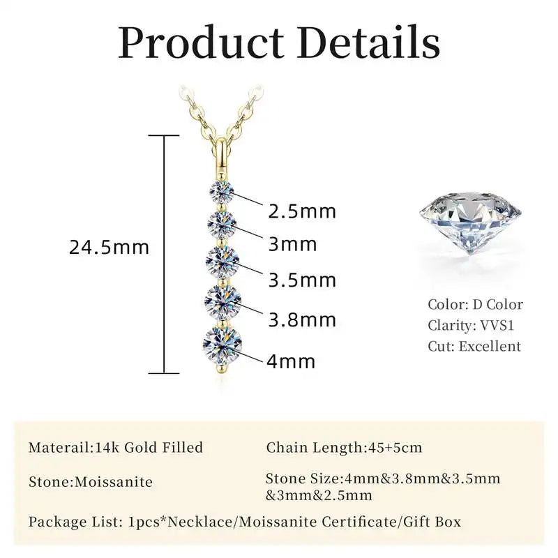 Lnngy Brilliant 5-Stone Moissanite Necklace 14K Gold Filled Long Drop Pendant Necklace for Women Female Jewelry Accessories