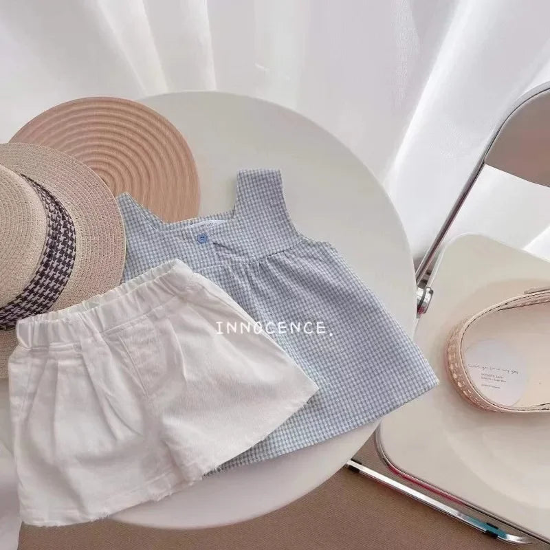 Girls Clothes Sets Summer Kids Casual Clothing for Girls Checked Straps+White Shorts Children's Baby Girl Outfit