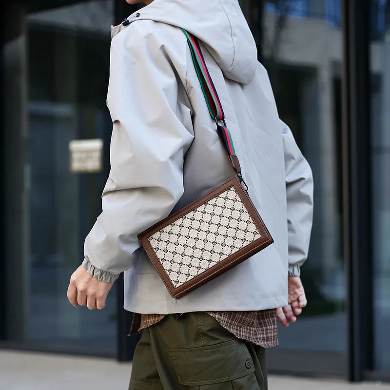 High-quality Men's Shoulder Bag Stylish Small Square Bag Minimalist Plaid Light Business Crossbody Bag Casual Street Sling Bag